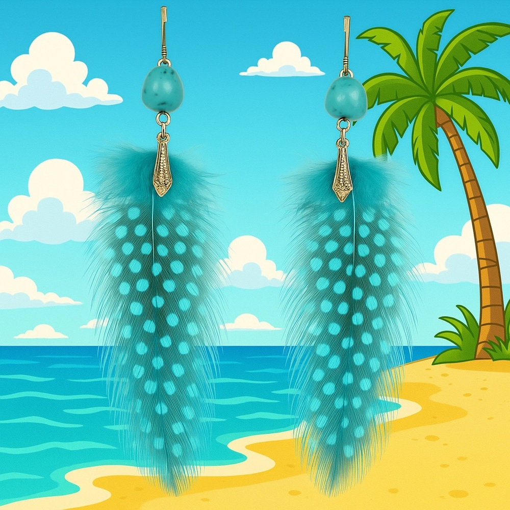 Blue teal feather drop dangle earrings